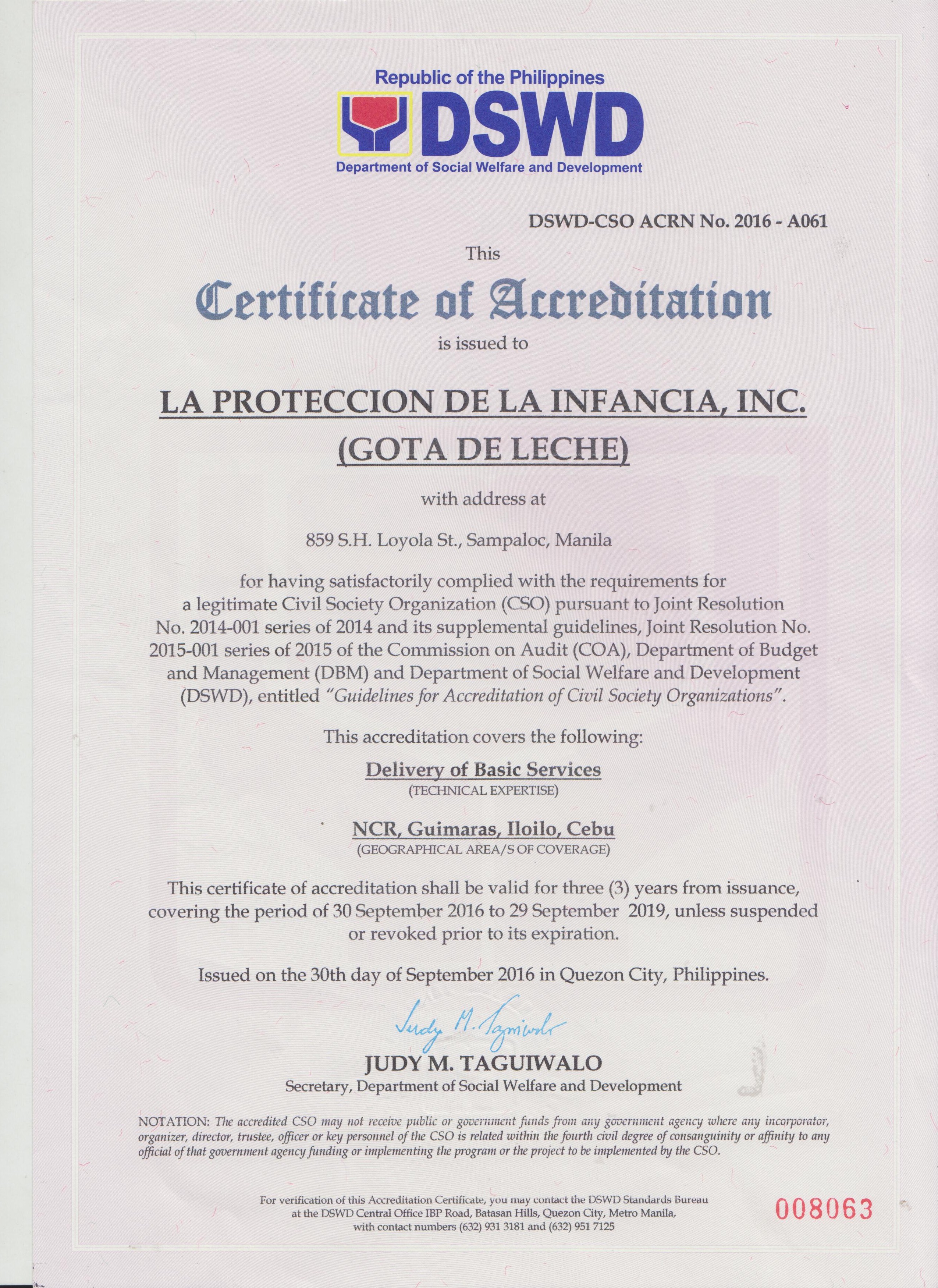 Our Revised Certificate of Accreditation